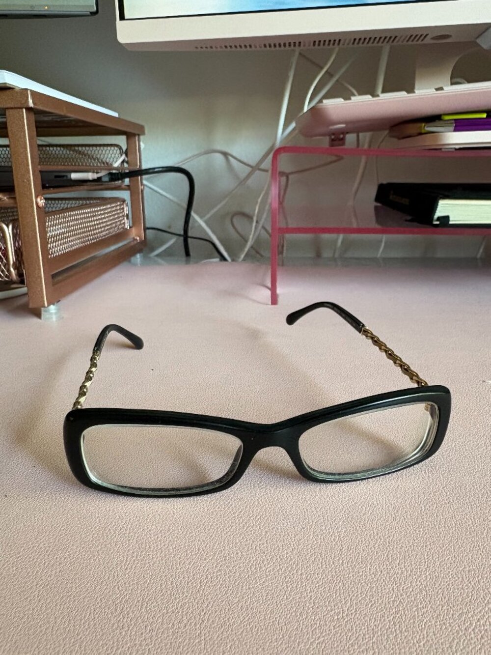 Chanel Black Eyeglasses with Leather/Chain Detail